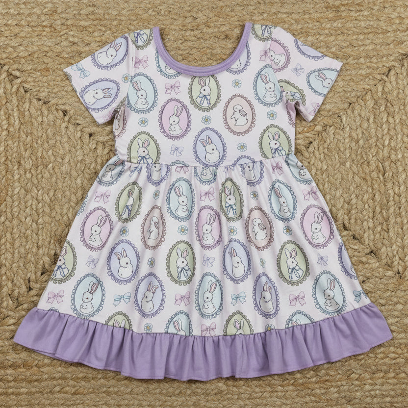 purple rabbit and coquette ruffle dress