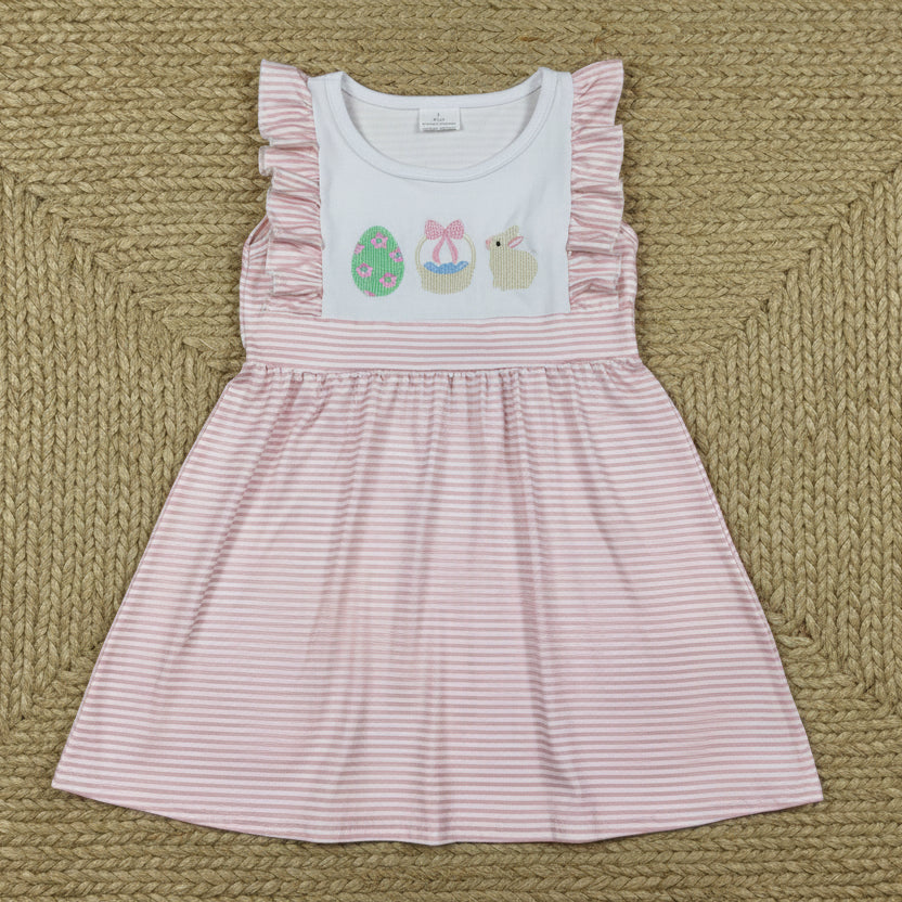 pink stripes egg basket rabbit embroidery easter baby girl dress