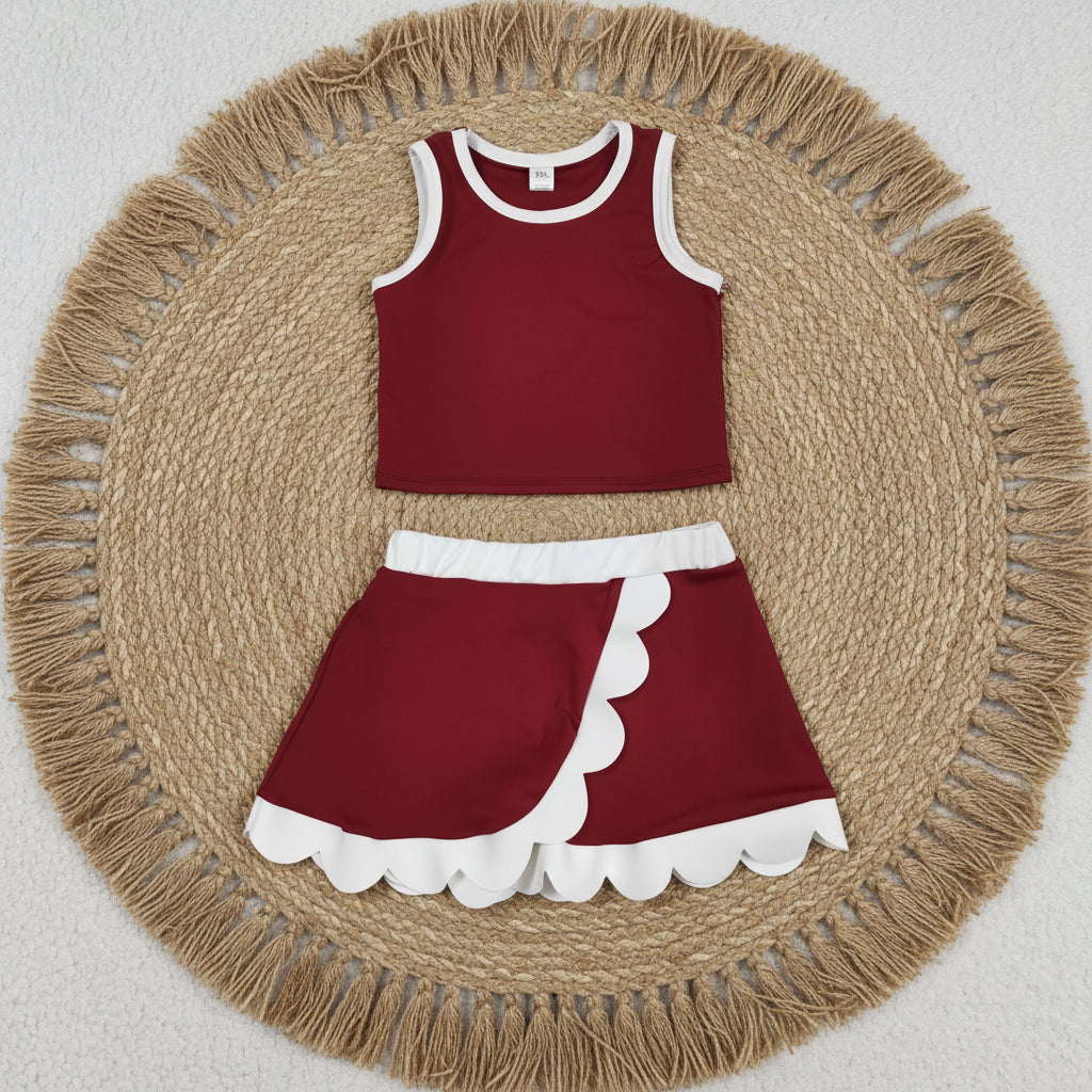 solid maroon white scallop athletic skort outfit girls clothes