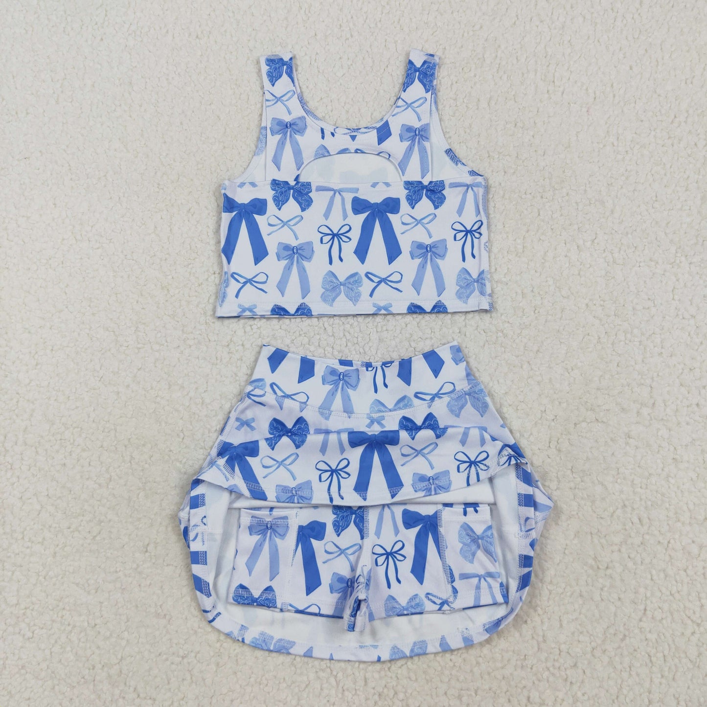 GSD2640 Baby Girls Sleeveless Blue Bows Plaid Vest Top Short Skirts Yoga Set D 7.14
