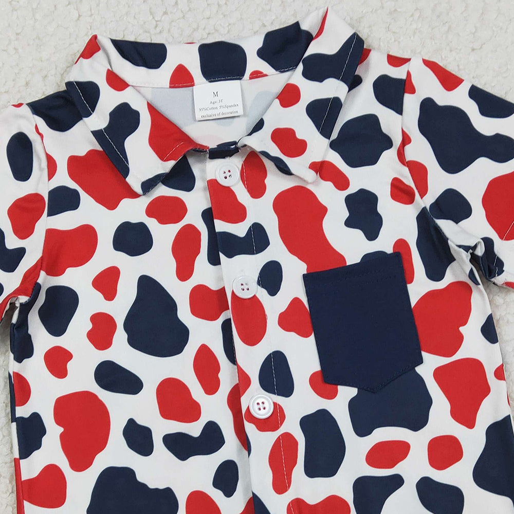 RTS NO MOQ(In Stock) BT1656 Baby Boys Red Blue Cow Print 4th of July Button Pocket Shirts Top