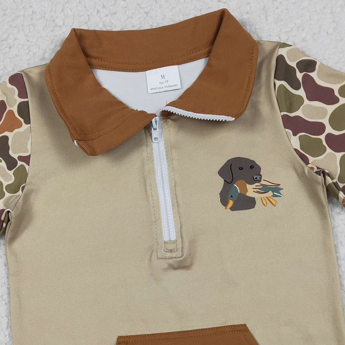 Baby Boys Southern Khaki Camouflage Zip Pullover Top with Pockets Duck And Dog Print Hunting Theme Clothing