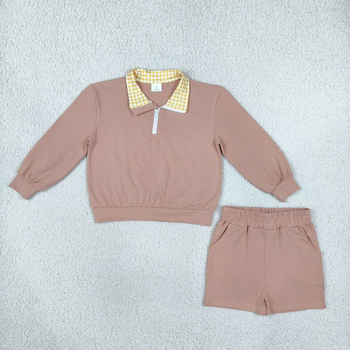 cotton light brown zip up pullover shorts set