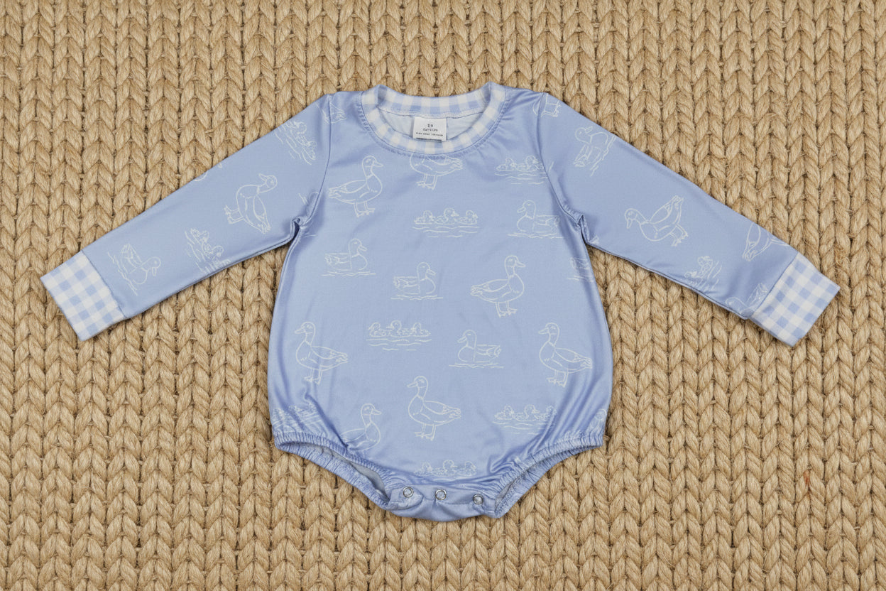 LR2969 long sleeve white duck on blue boys romper