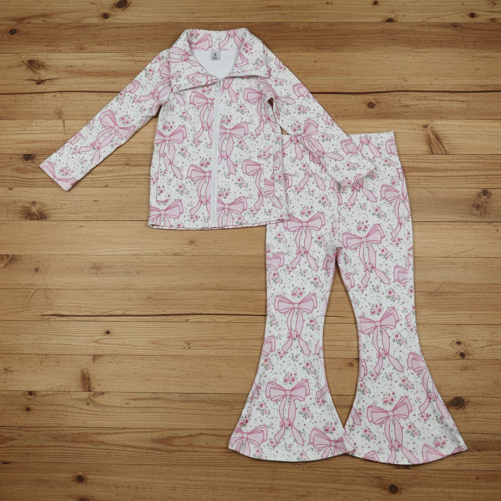 pink coquette flower zipper two piece athletic pants set