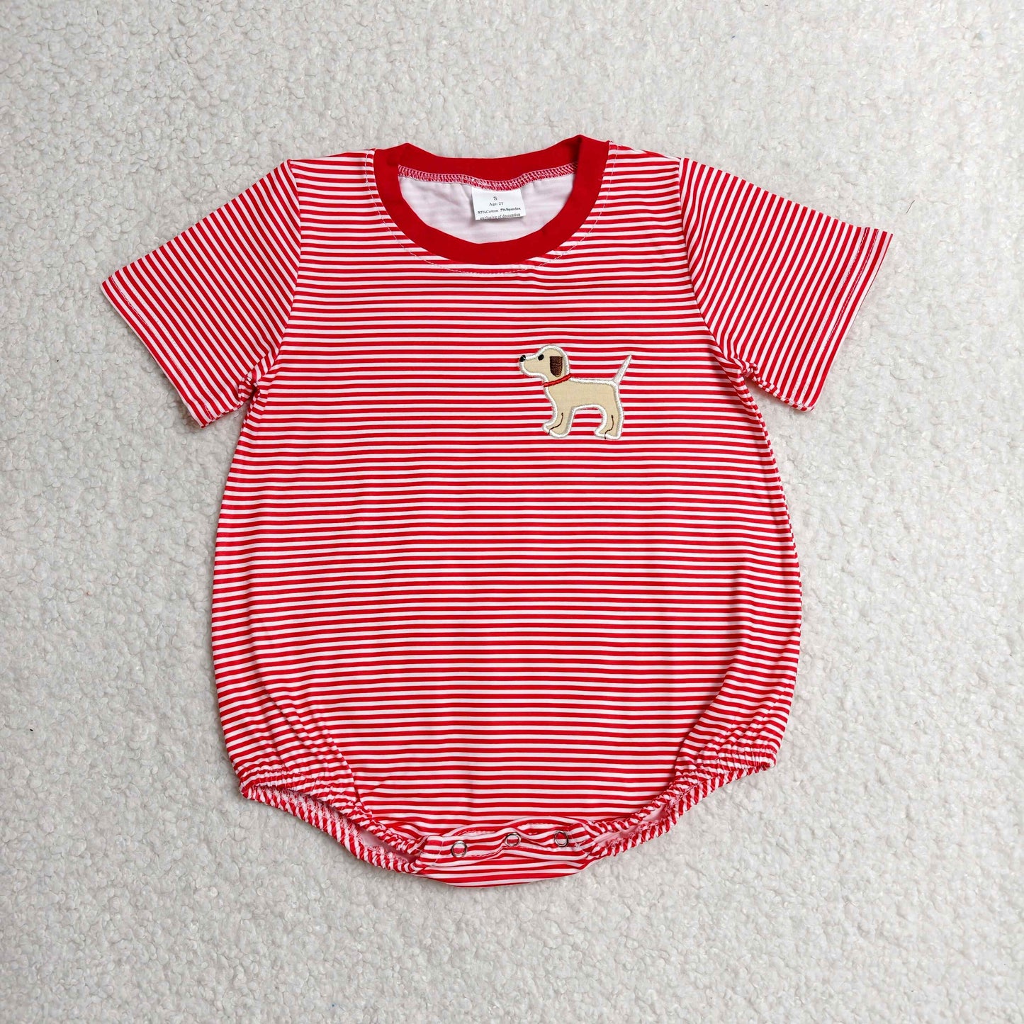 red stripes romper with embroidery dog