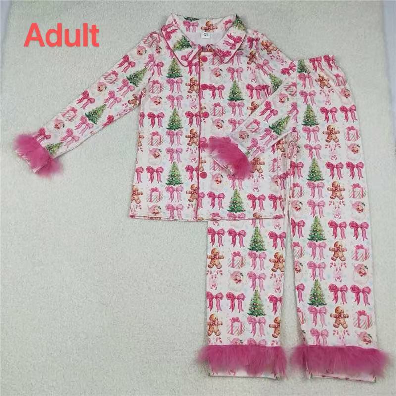 Mama And Me Pink Bows Santa Trees Button Top Pants Christmas Fur Pajamas Sets D 926