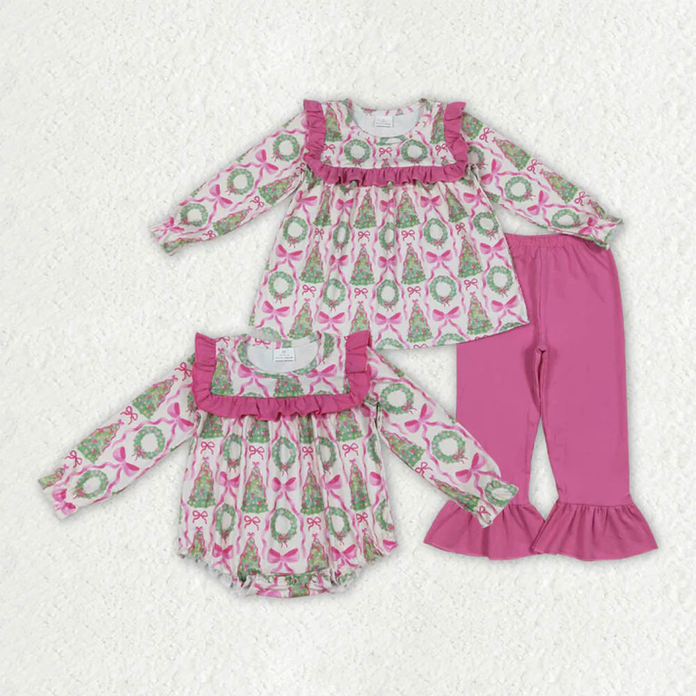 Sibling Baby Girls Christmas Trees Bows Rompers Outfits Sets D 7.8