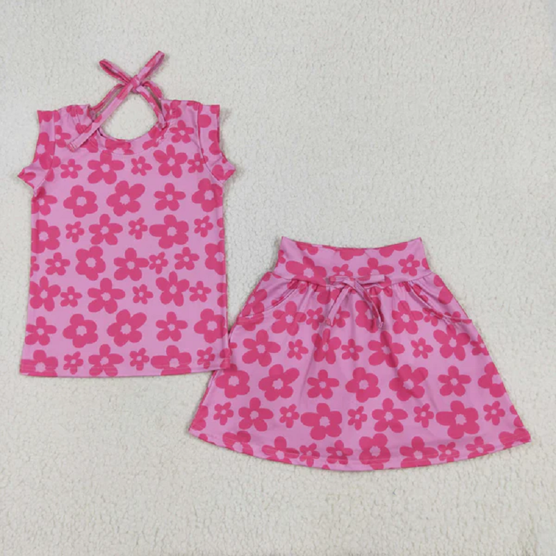 Sibling Baby Girls Pink Sleeveless Flowers Plaid Shirts Top Skorts Clothes Sets D 6.18