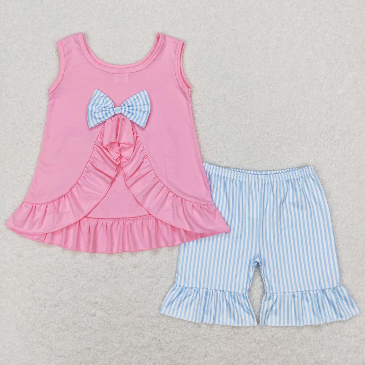 GSSO0438 Blue and white striped lace pocket bow sleeveless top shorts set D 4.24