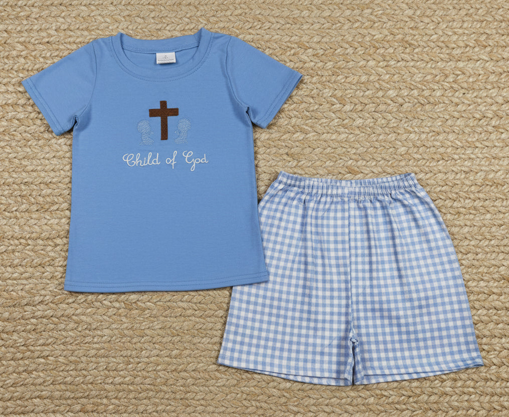 blue child of god easter cross embroidery boy shorts set