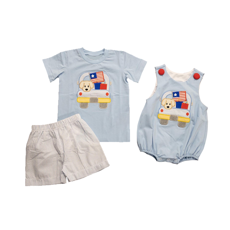 presale BSSO0971 National Day Flag Puppy Truck Blue Short Sleeve Striped Shorts Suit