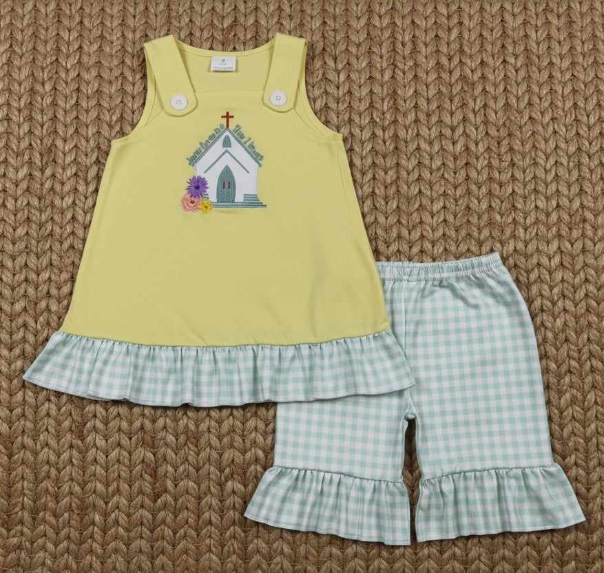 jesus loves me this i know church embroidery girl shorts set