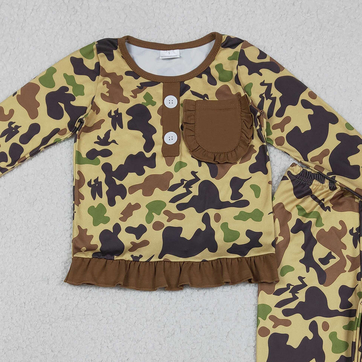 Baby Girls Brown Camo Pajamas Set with Ruffle Pants And Button Top Cute Pocket Design for Little Ones