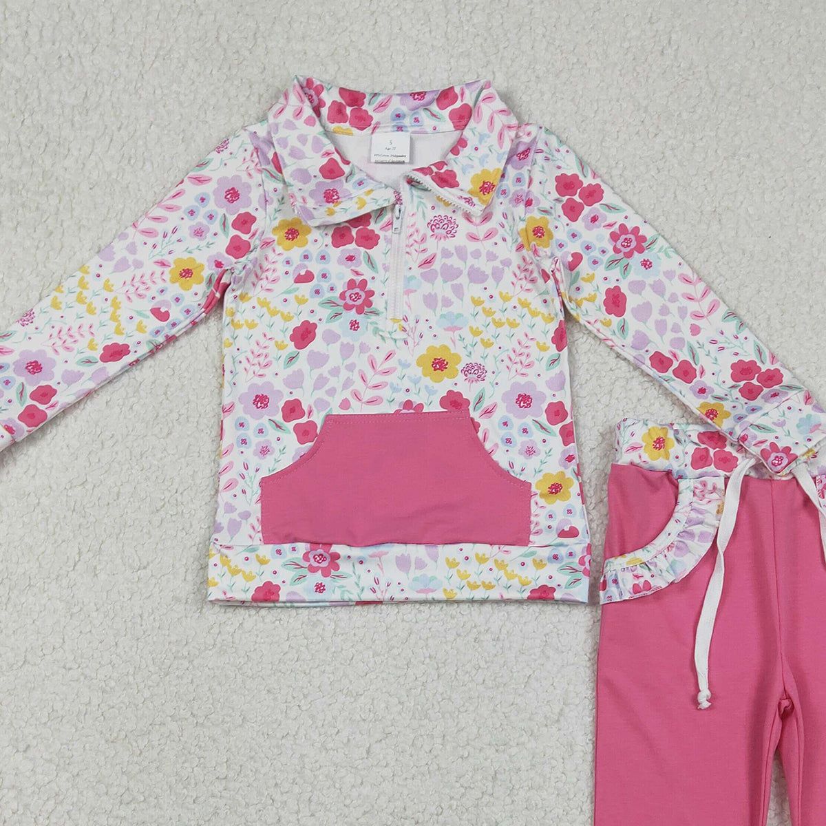 Baby Girls Colorful Flowers Pullover Zip Pocket Jogger Pants Set Cute Baby Outfit Toddler Girls Clothing Set