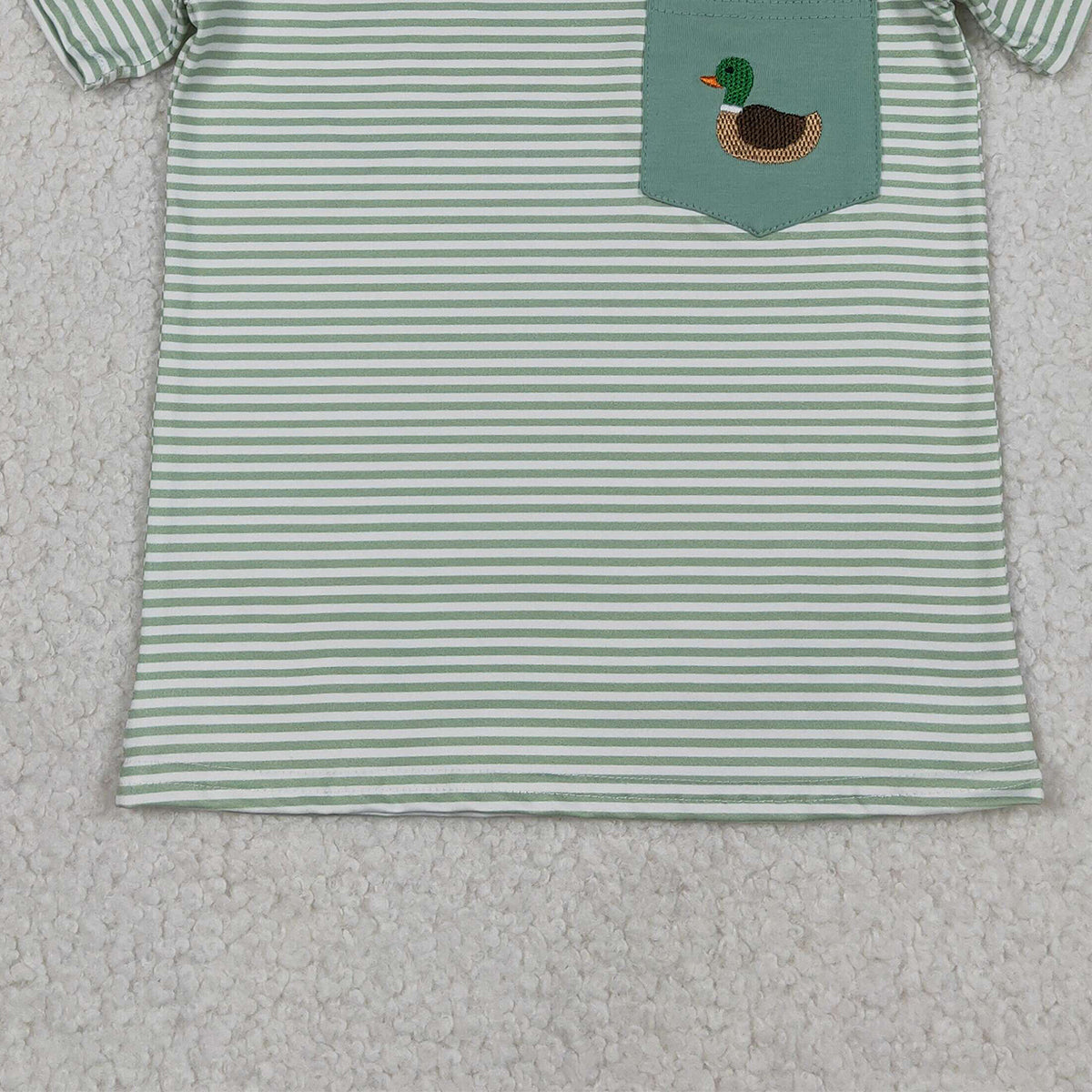 Baby Boys Green Stripe Pocket T-shirts Top Embroidery Duck Design Hunting Theme Casual Wear for Little Ones