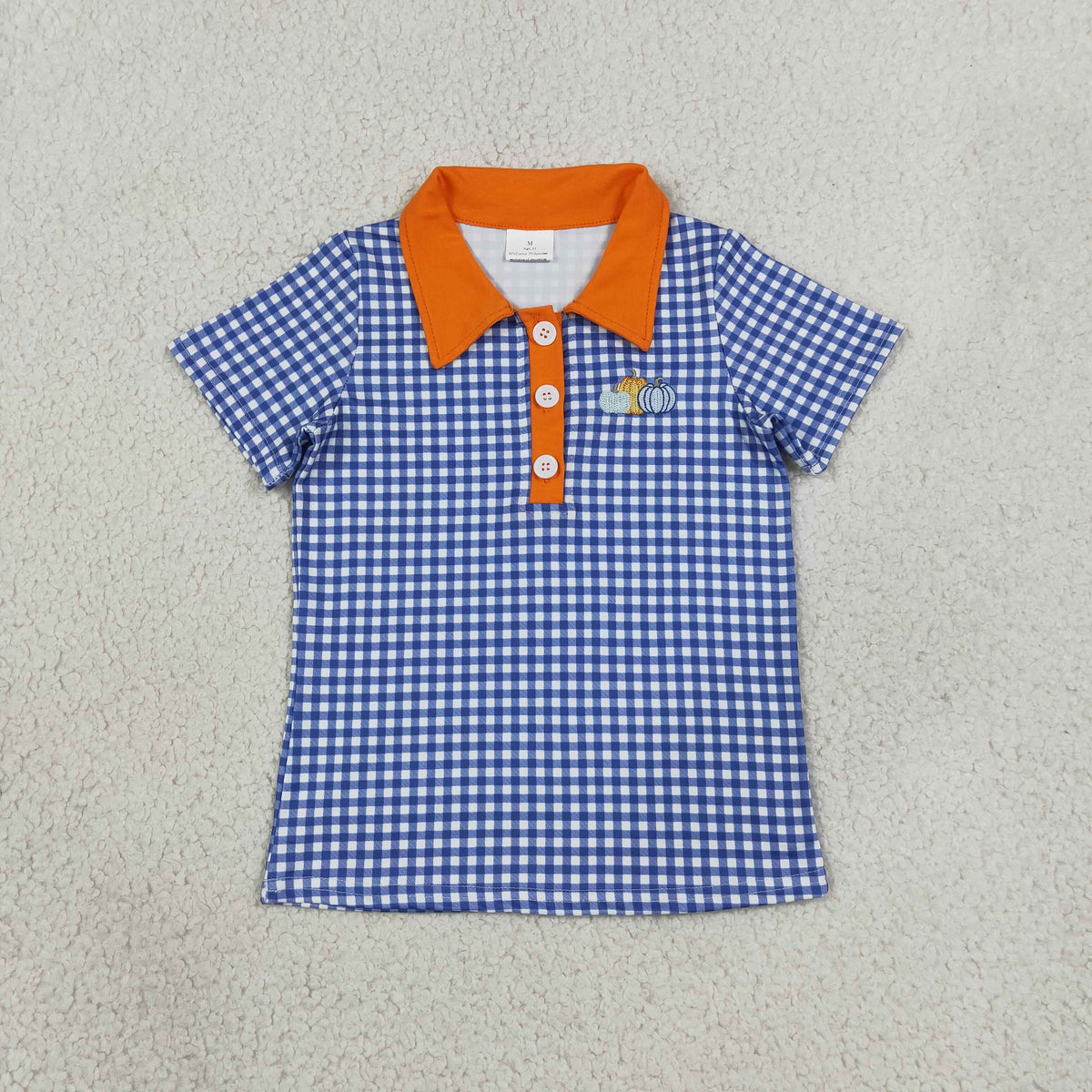 navy gingham tee with embroidery pumpkin