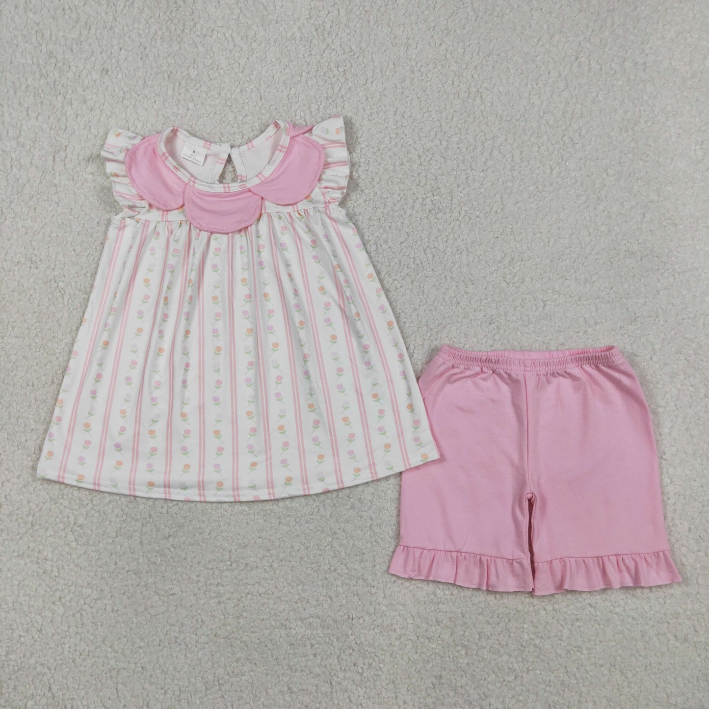 pink stripes floral scallop collar girl shorts set children clothes