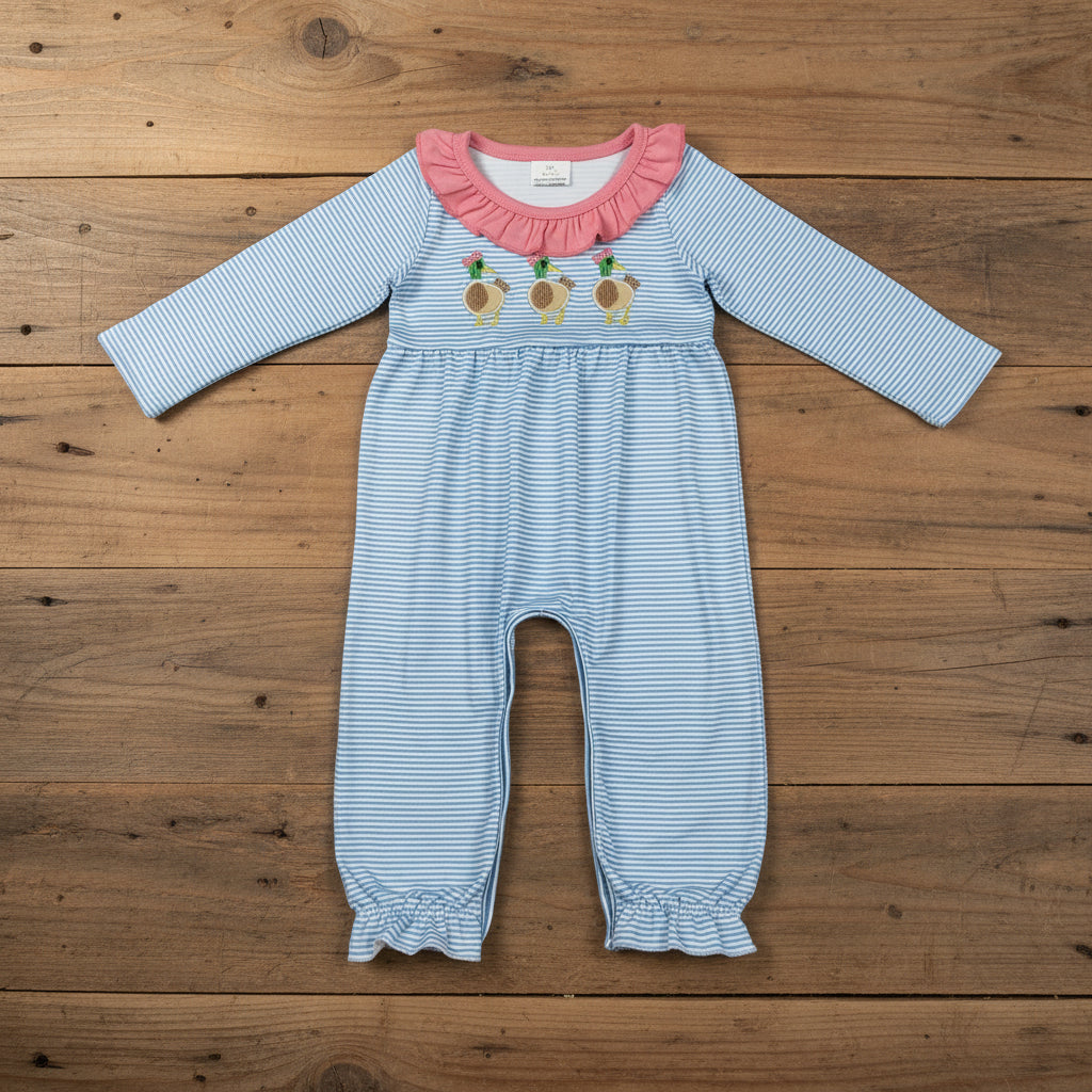 blue stripes duck embroidery girl romper