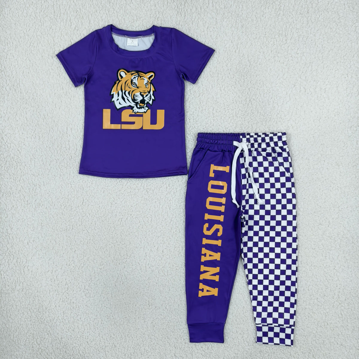 digital print LSU purple check kids outfit