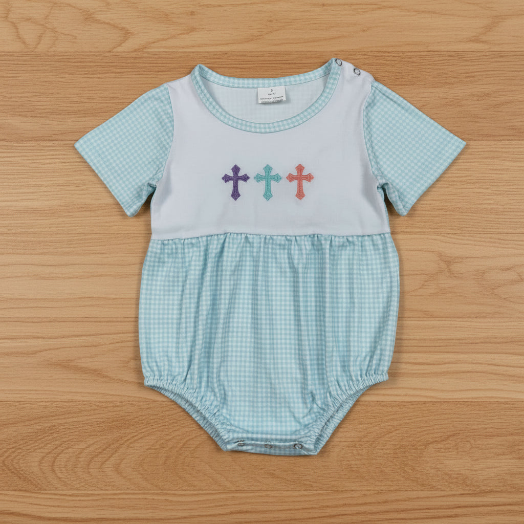 easter cross blue gingham embroidered romper