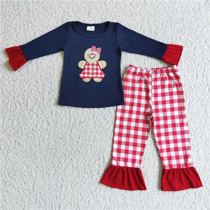 GLP0034 Girls Christmas Gingerbread Long Sleeve Plaid Pant Suit