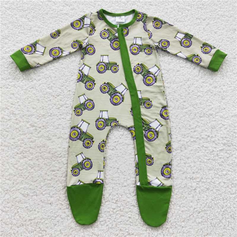 LR0386 Farm Tractor Green Zip Long Sleeve Bodysuit