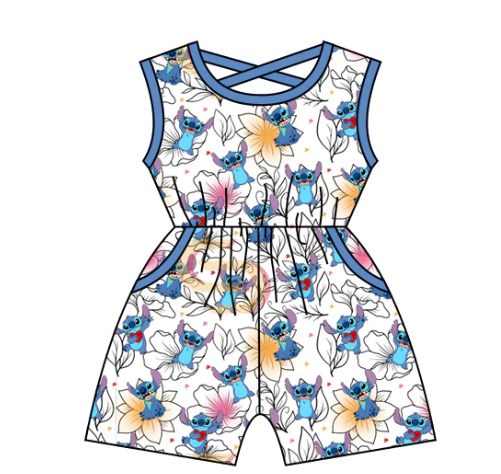 pre-order SR1475 Floral blue sleeveless jumpsuit
