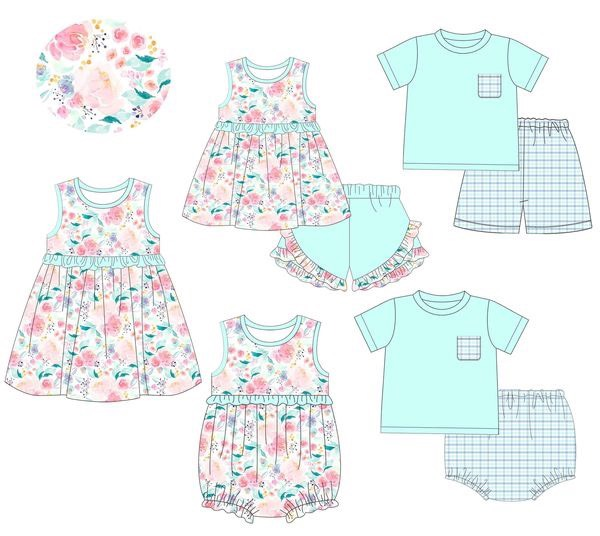 pre-order GSSO1015 Pink floral teal lace sleeveless shorts suit