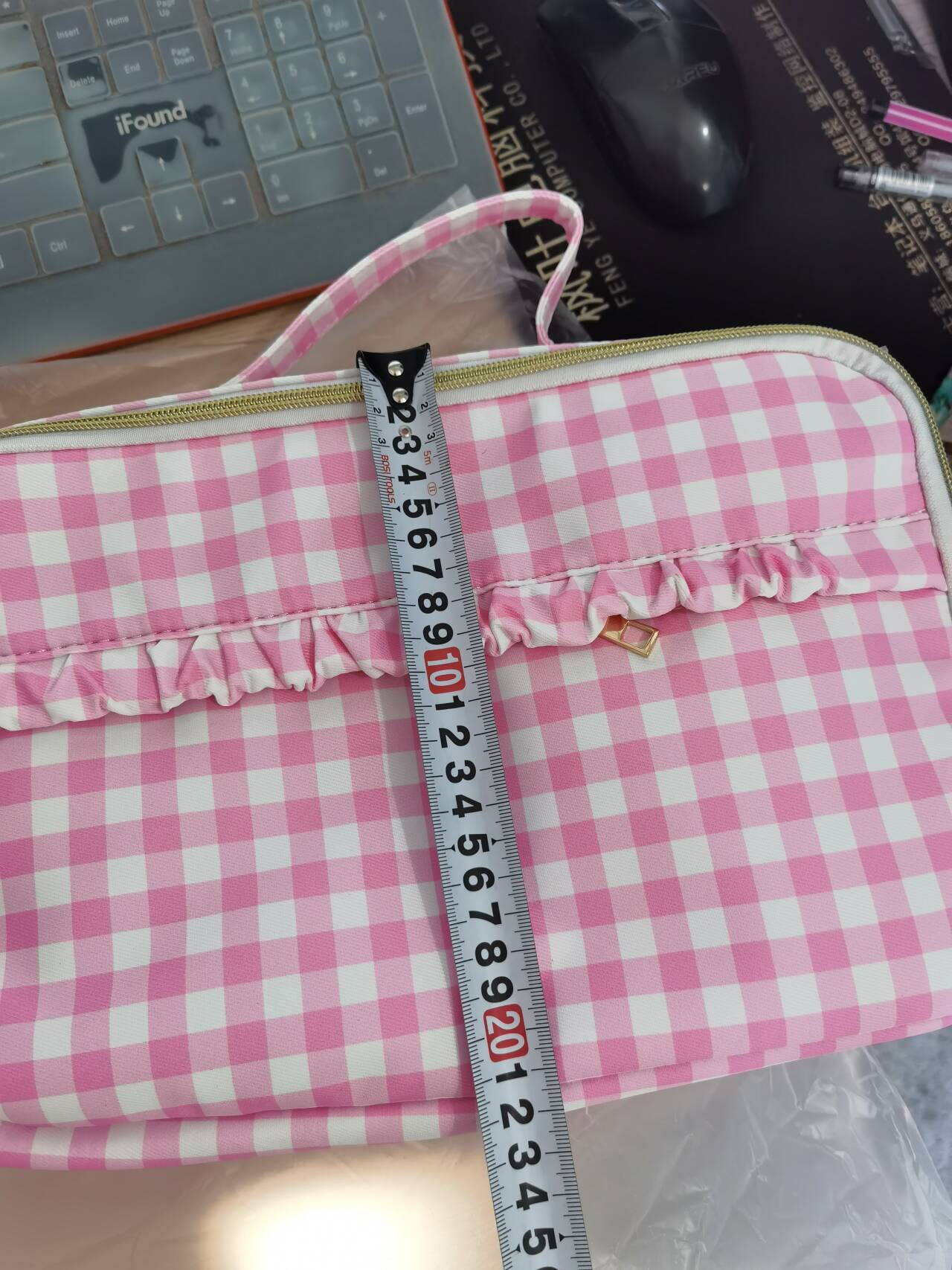 BA0088 Pink and white plaid lace lunch box bag