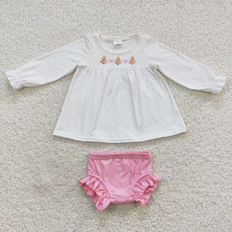 Sibling Baby Girls Pink Christmas Trees Tunic Ruffle Pant Bummies Outfits Clothes Sets Rompers D 6.16