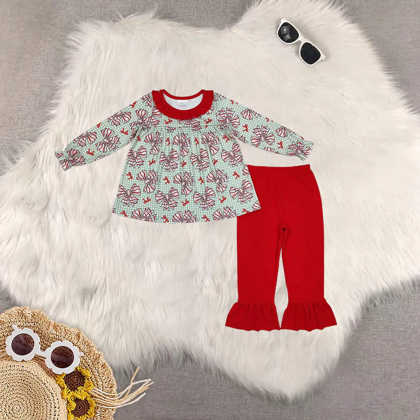 Match Christmas Bow Pattern Polka Dot Lace Long Sleeve Pants Set D 5.26