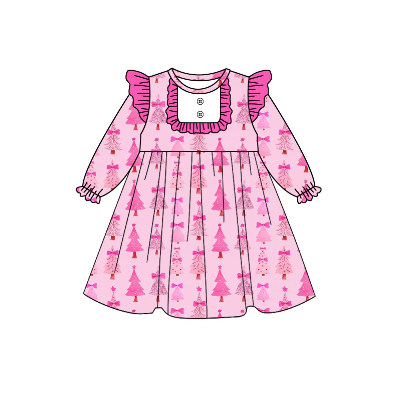 Custom Baby Girls Christmas Pink Trees Knee Length Dresses D 8.13