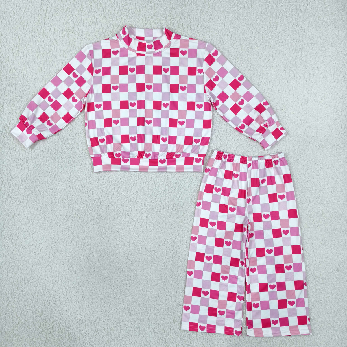 pink check with heart mock neck shirt wide leg pants set girl clothing
