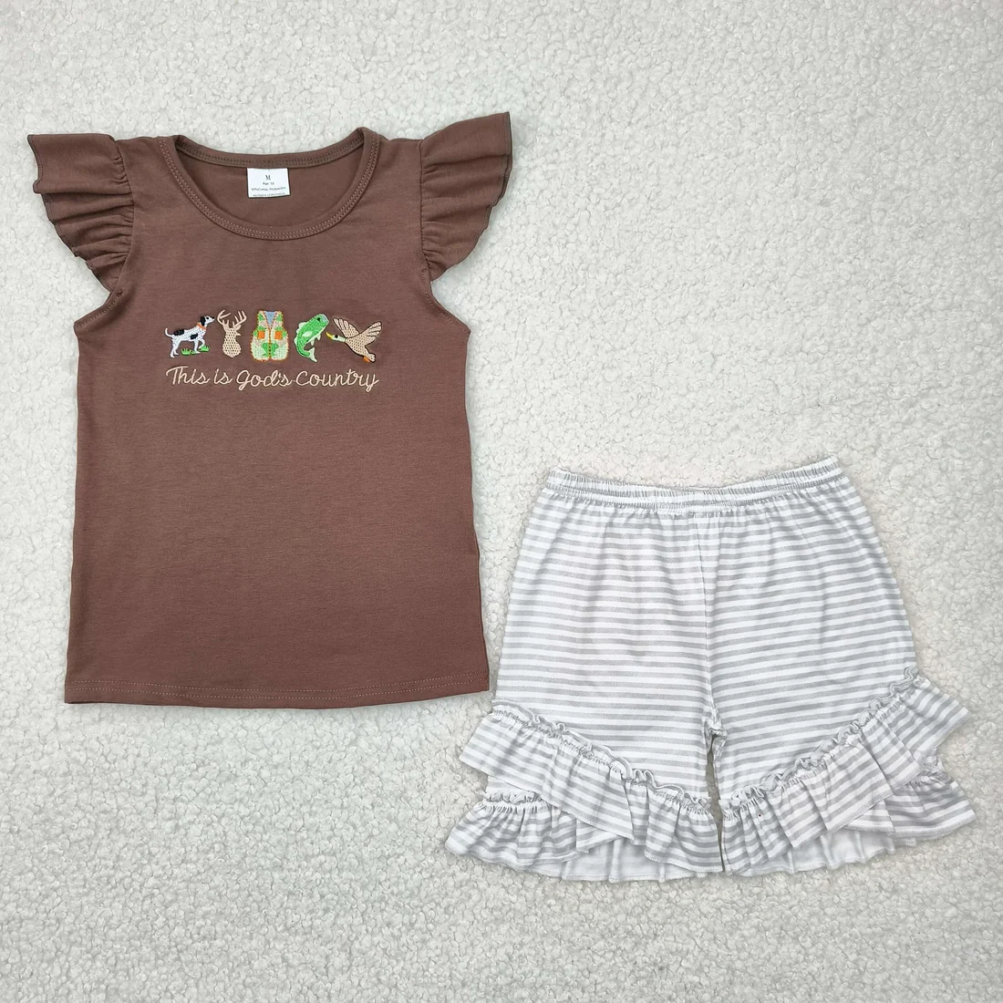 Sibling Baby Boys Girl Short Sleeves Embroidery Ducks Deer Fish Tops Stripes Short Hunting Sets