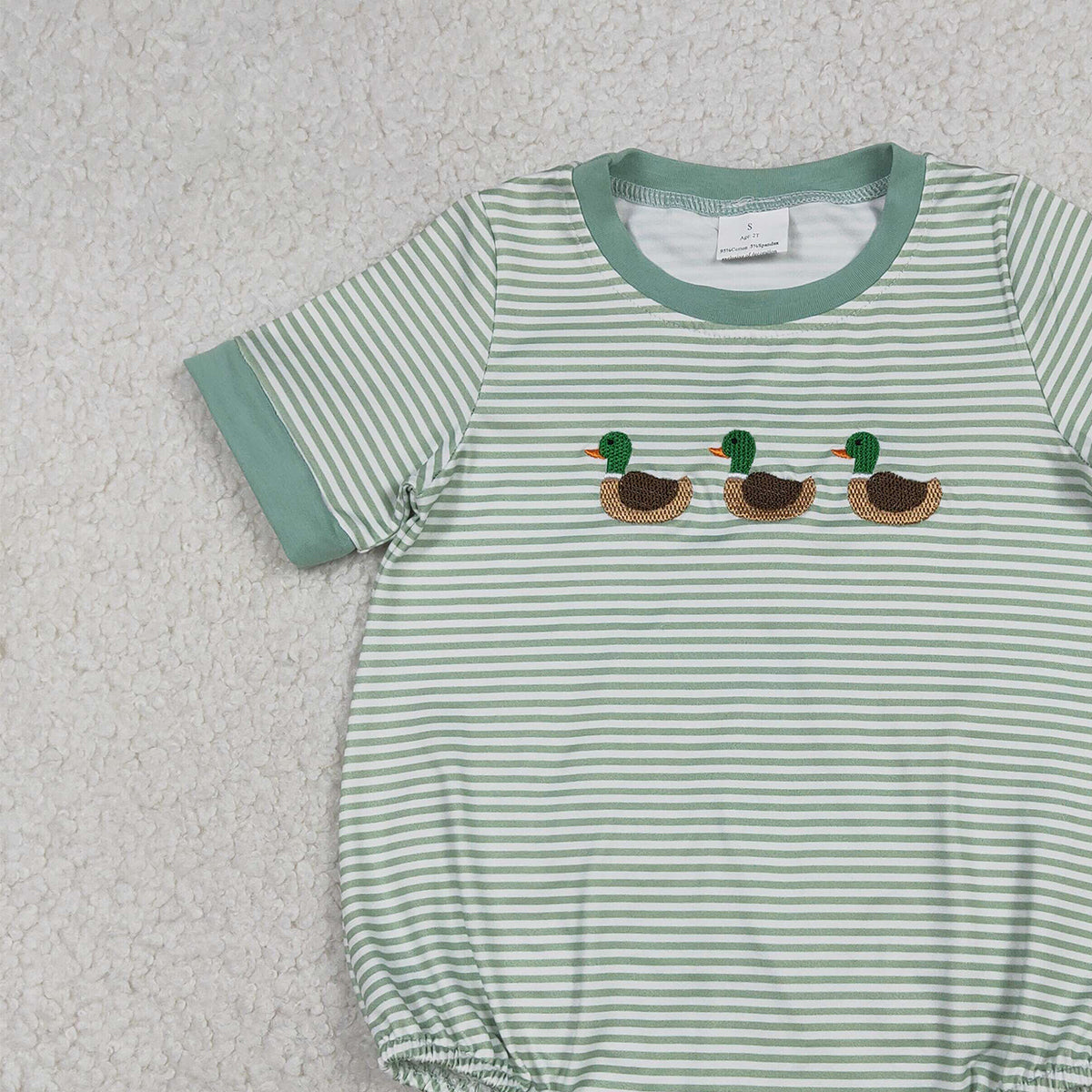 Baby Boys Green Stripe Short Sleeve Hunting Rompers Embroidery Ducks Design Comfortable And Stylish Clothing for Infants