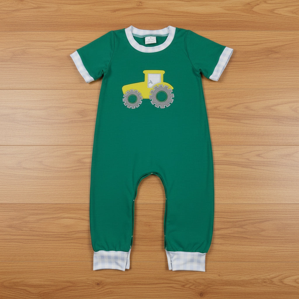 green tractor embroidery boy romper