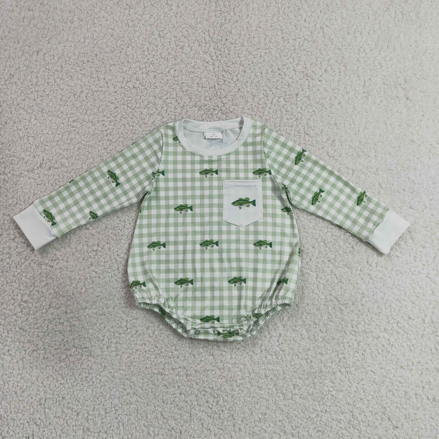 long sleeve green gingham with fish boys romper