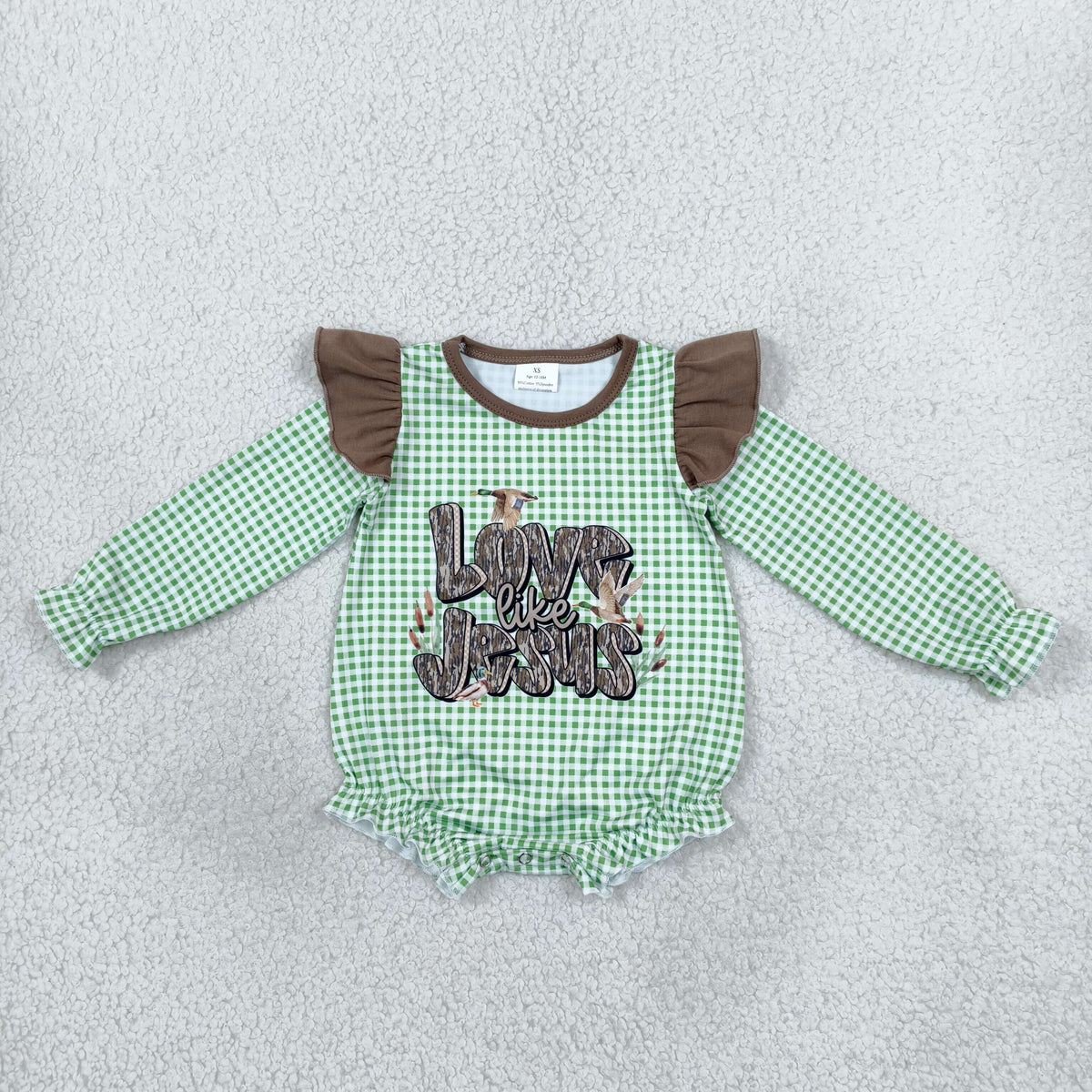 green gingham love like jesus girl romper