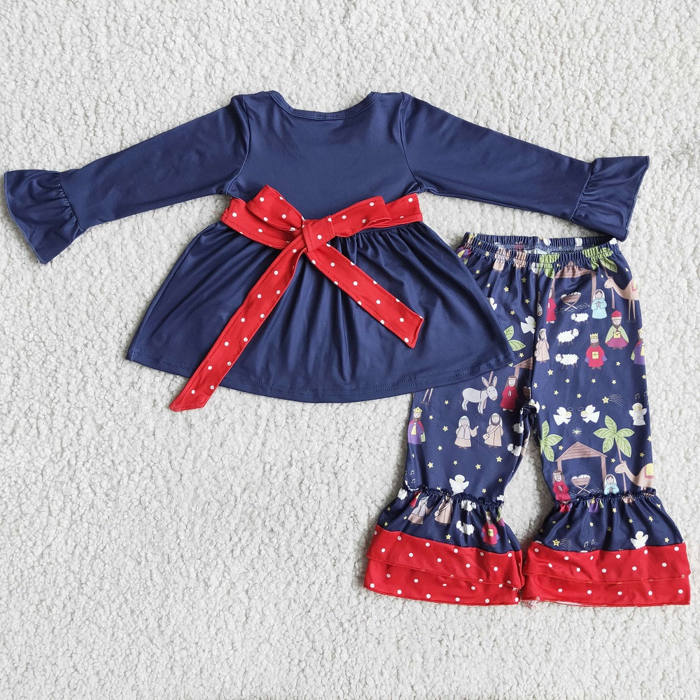 6 A12-17 Girls Blue Long Sleeve Jesus Christmas Pantsuit