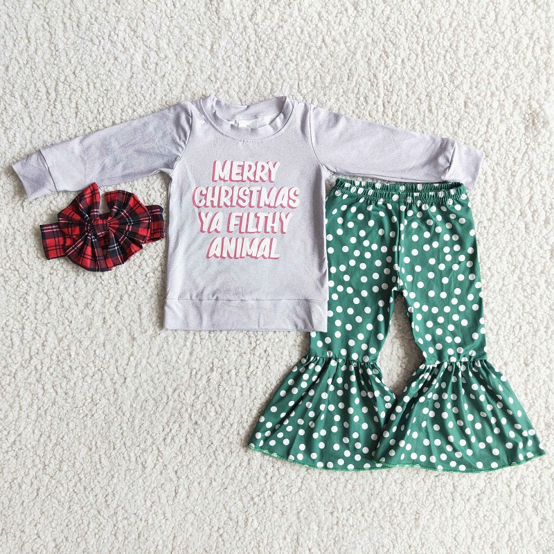 6 A7-16 Christmas Long Sleeve Green Flared Pants