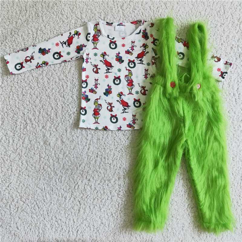 6 B0-4 Long Sleeve Top Green Plush Overalls
