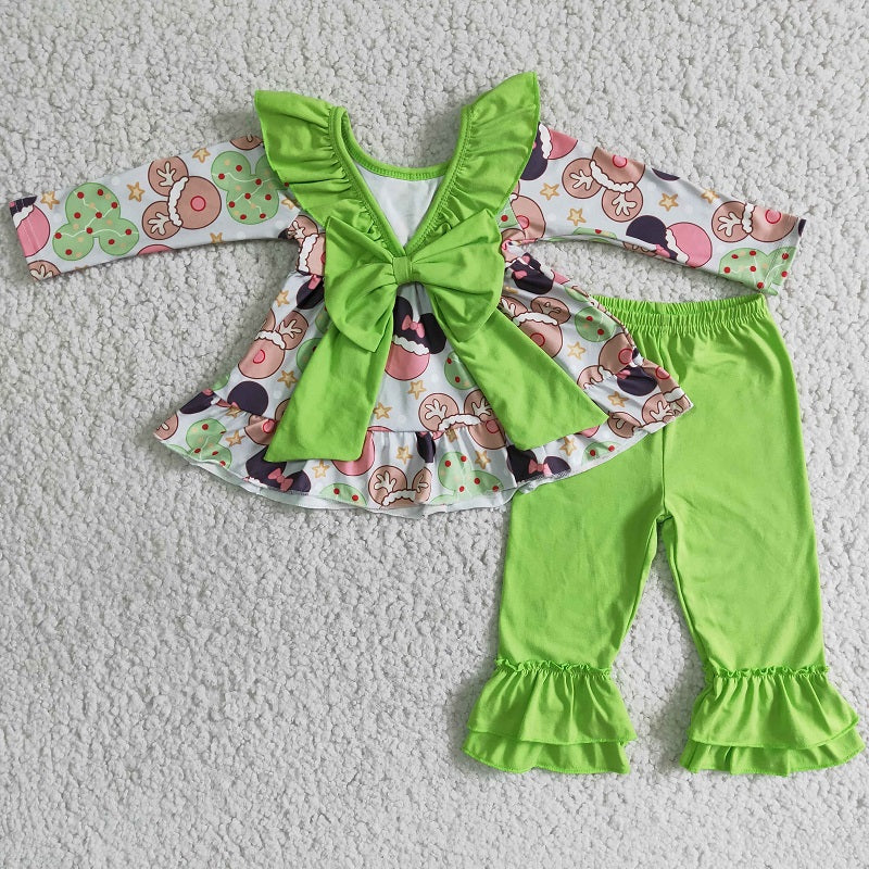 6 B2-40 Cartoon bow top green pants suit