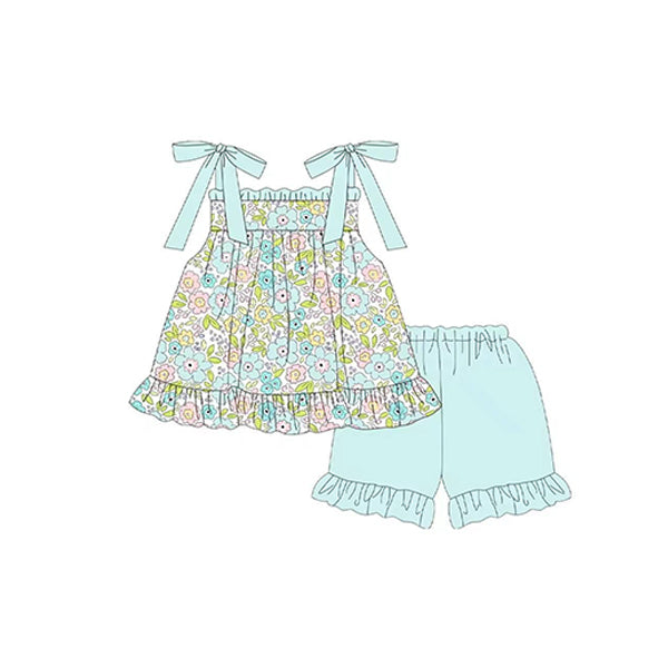 GSSO1018 Floral light blue lace suspender shorts suit