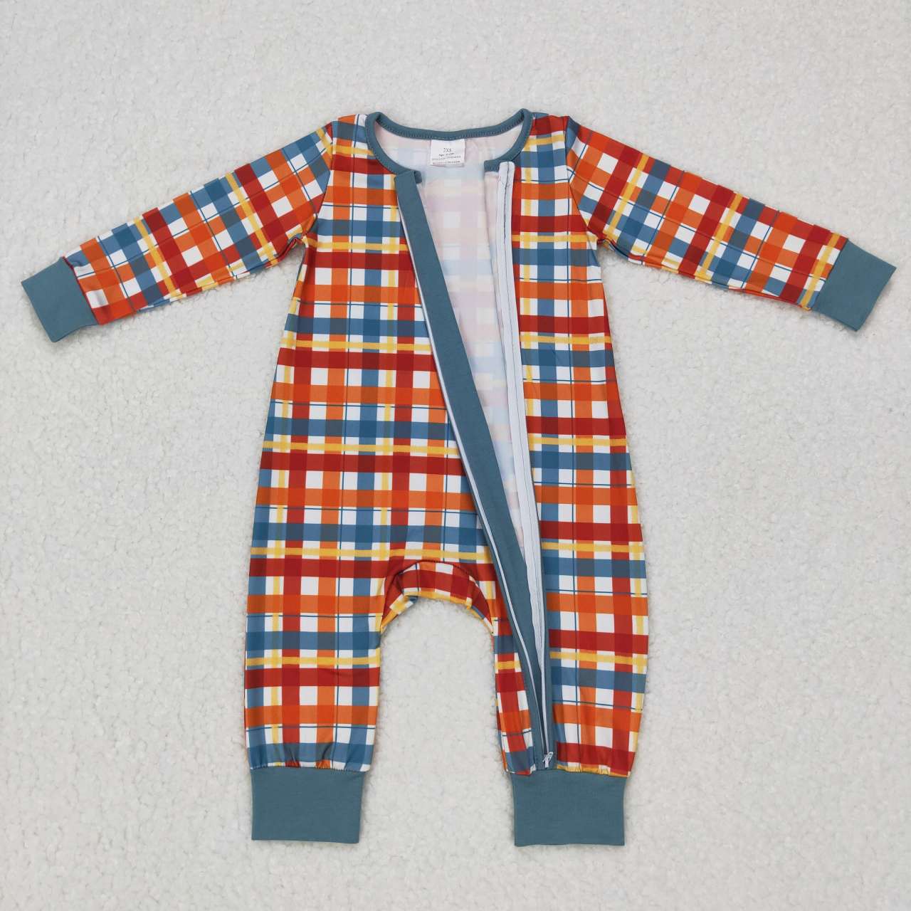 LR0622 Orange and green plaid zipper long-sleeved jumpsuit