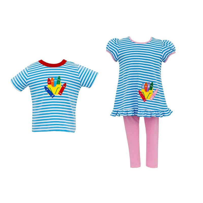 pre-order GSPO1496 Crayon Blue Striped White Short Sleeve Pink Pants Suit