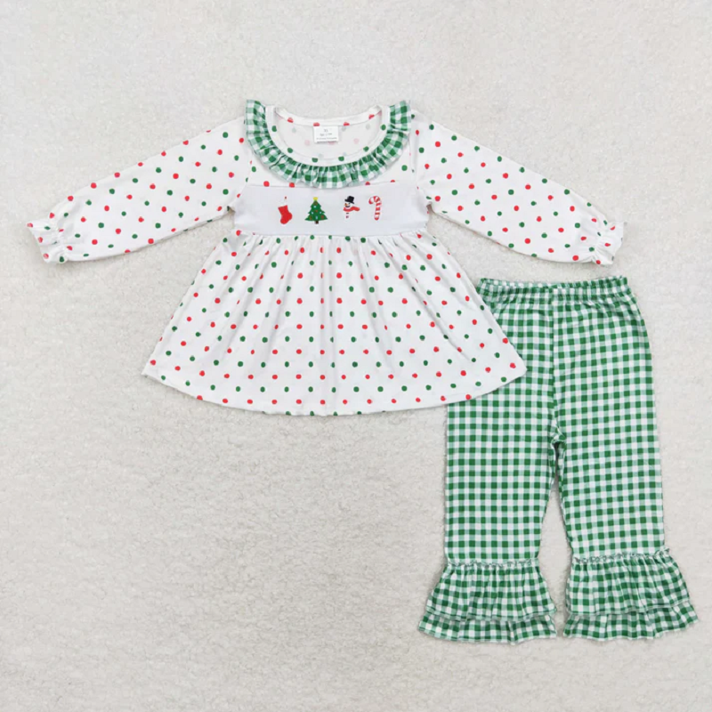 Sibling Baby Kids Embroidery Snowmen Trees Top Pants Christmas Clothes Sets D 1020