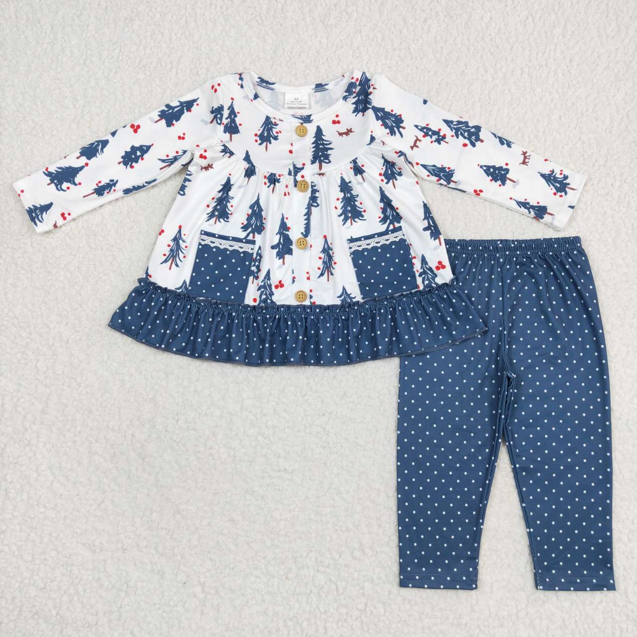 GLP0877 Christmas tree polka dot lace pocket white and green long-sleeved trousers suit