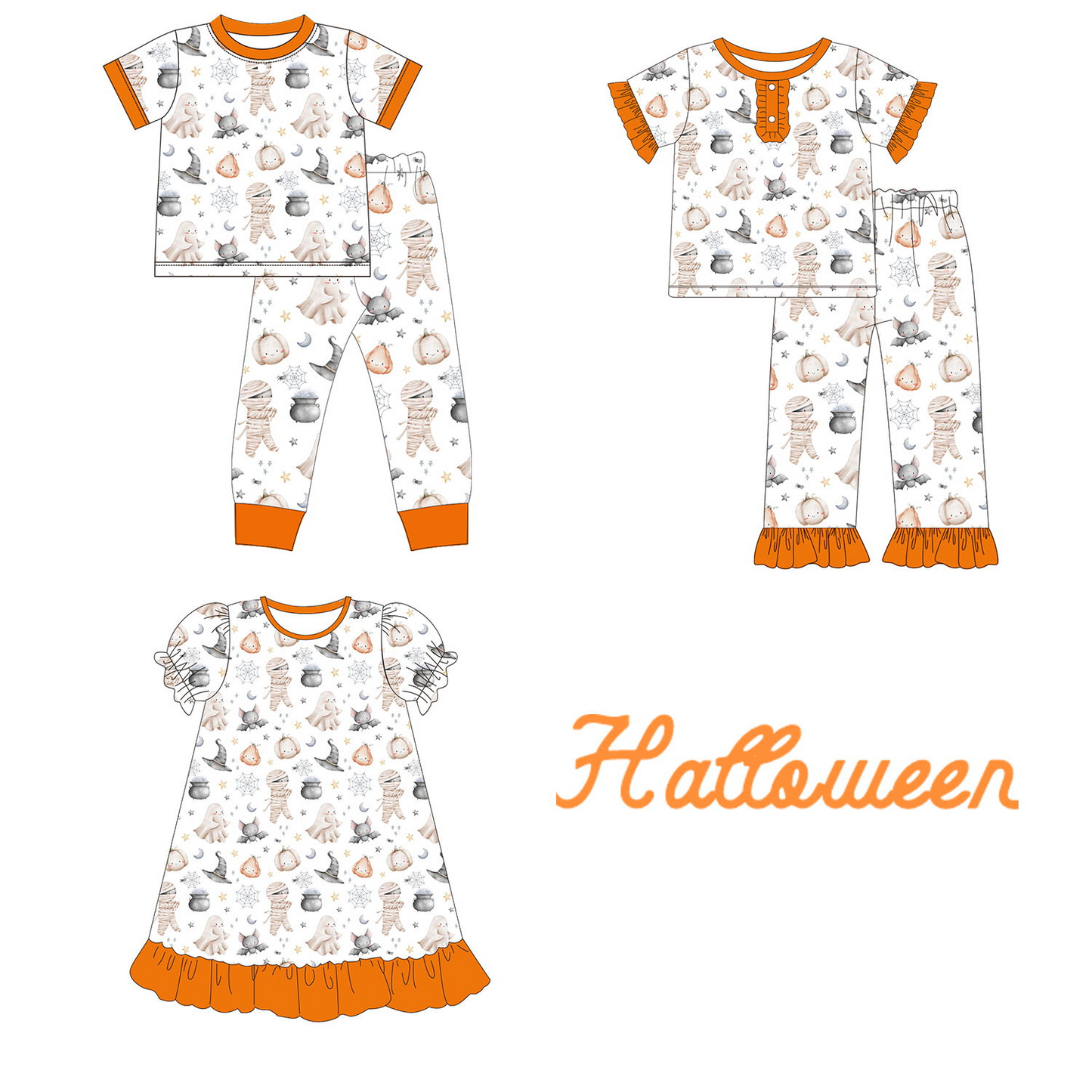 presale GSD1293 Mummy Bat Ghost Pumpkin Orange White Lace Short Sleeve Dress