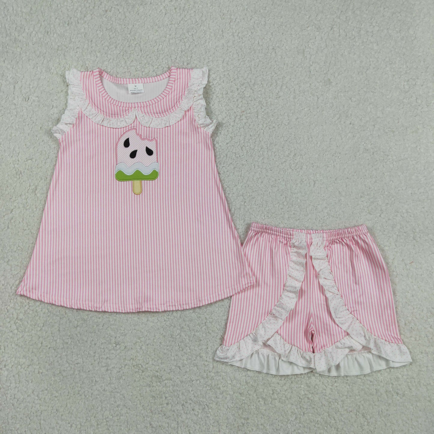 pink stripes popsicle embroidery girl shorts set children clothes
